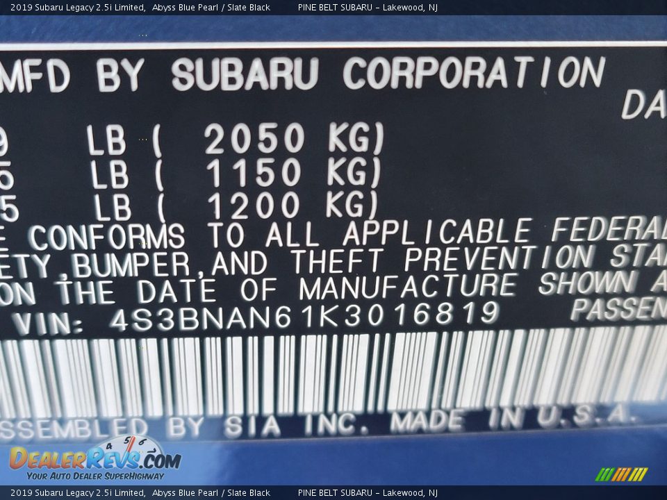 2019 Subaru Legacy 2.5i Limited Abyss Blue Pearl / Slate Black Photo #36
