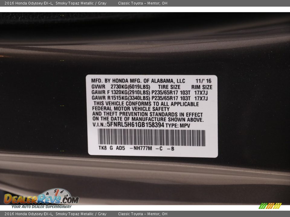 2016 Honda Odyssey EX-L Smoky Topaz Metallic / Gray Photo #22