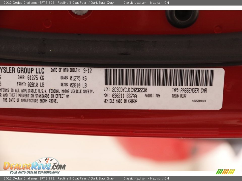 2012 Dodge Challenger SRT8 392 Redline 3 Coat Pearl / Dark Slate Gray Photo #20