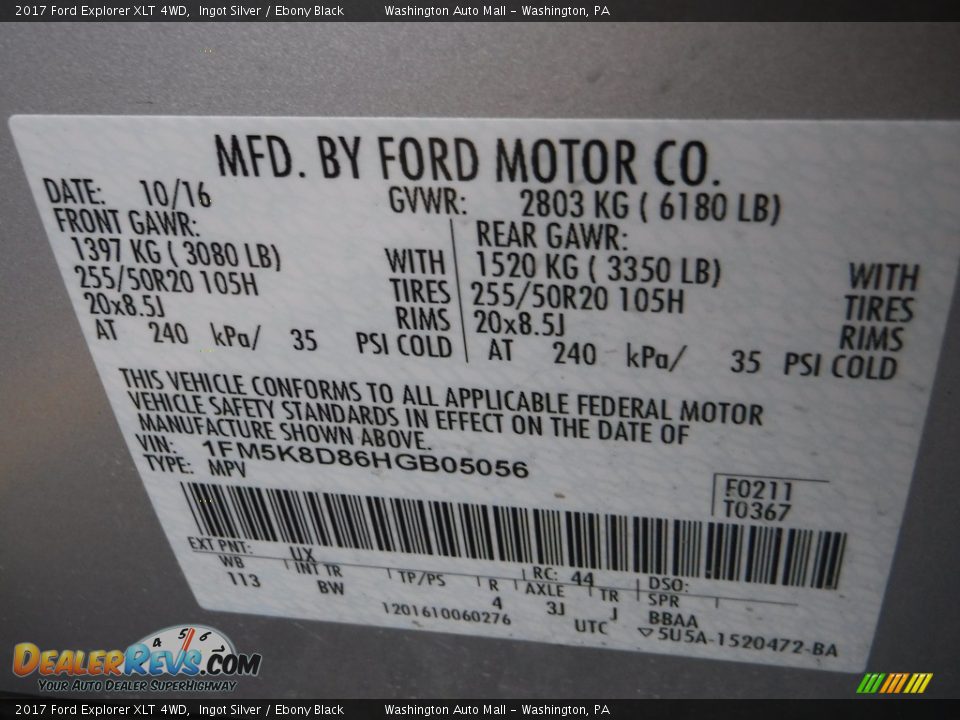 2017 Ford Explorer XLT 4WD Ingot Silver / Ebony Black Photo #27