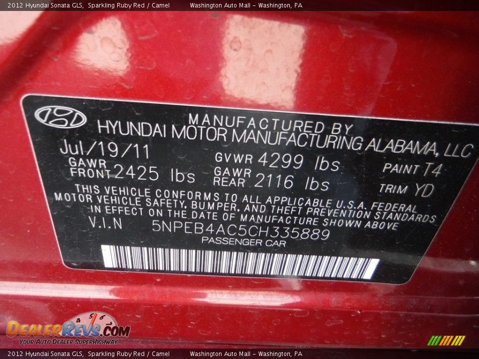 2012 Hyundai Sonata GLS Sparkling Ruby Red / Camel Photo #27
