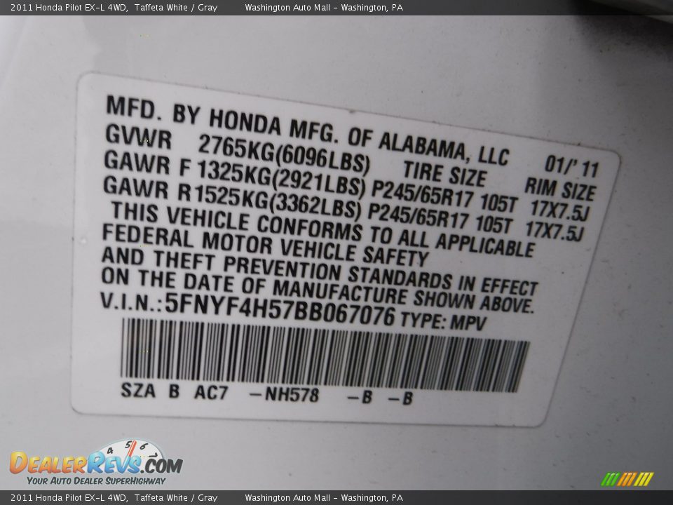 2011 Honda Pilot EX-L 4WD Taffeta White / Gray Photo #26