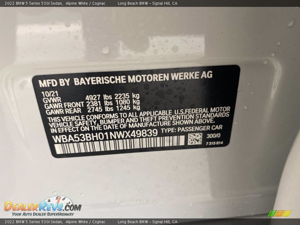 2022 BMW 5 Series 530i Sedan Alpine White / Cognac Photo #26