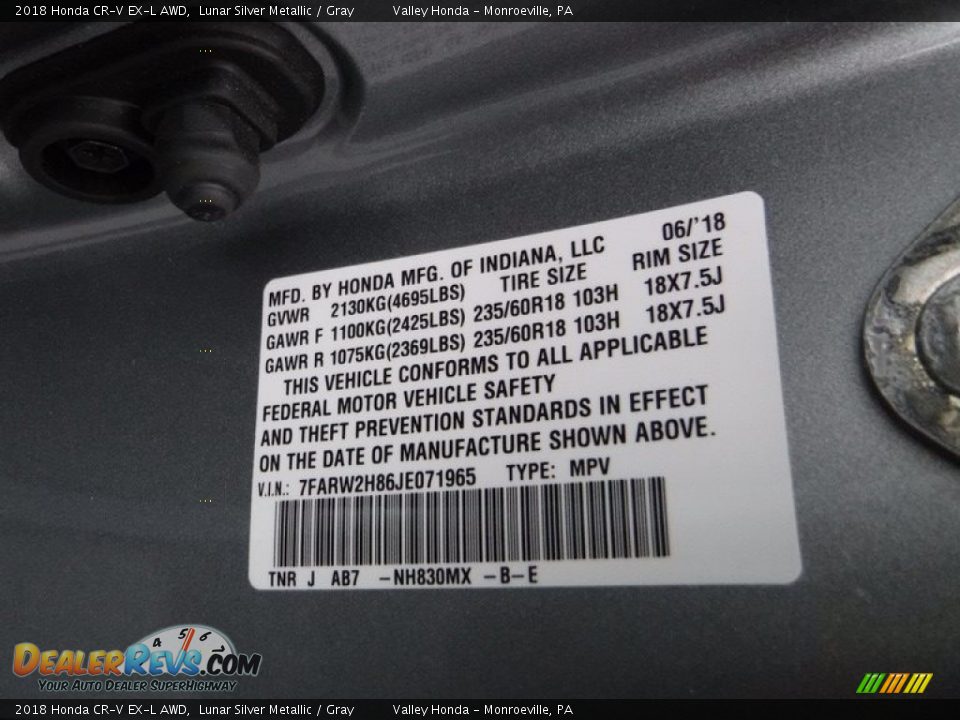 2018 Honda CR-V EX-L AWD Lunar Silver Metallic / Gray Photo #31