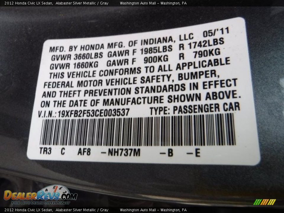 2012 Honda Civic LX Sedan Alabaster Silver Metallic / Gray Photo #24