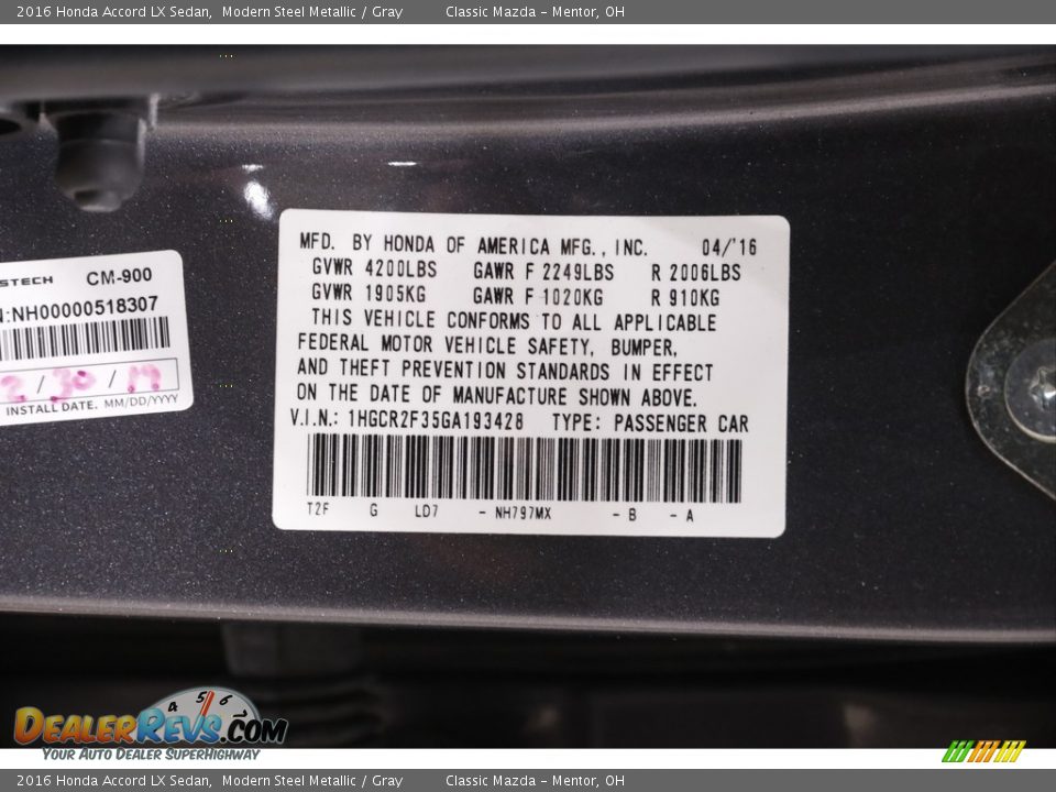 2016 Honda Accord LX Sedan Modern Steel Metallic / Gray Photo #20