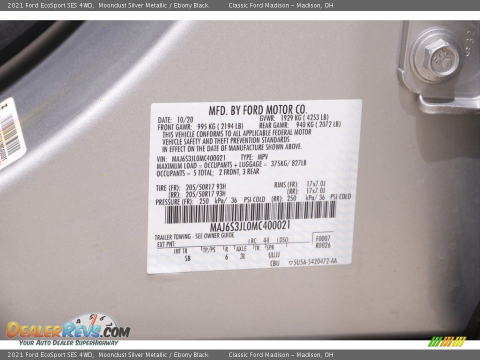 2021 Ford EcoSport SES 4WD Moondust Silver Metallic / Ebony Black Photo #21
