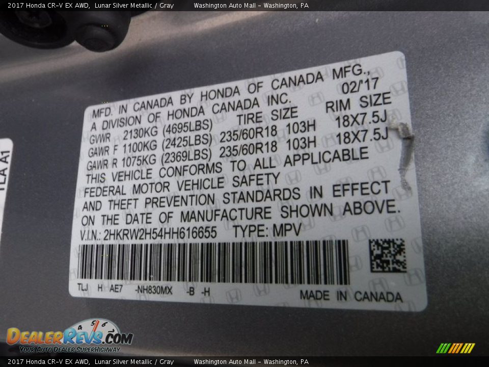 2017 Honda CR-V EX AWD Lunar Silver Metallic / Gray Photo #31