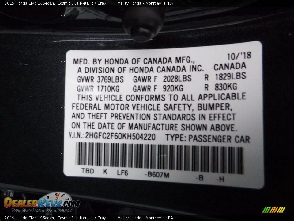 2019 Honda Civic LX Sedan Cosmic Blue Metallic / Gray Photo #24