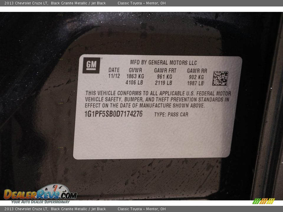 2013 Chevrolet Cruze LT Black Granite Metallic / Jet Black Photo #18
