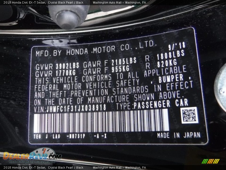 2018 Honda Civic EX-T Sedan Crystal Black Pearl / Black Photo #27