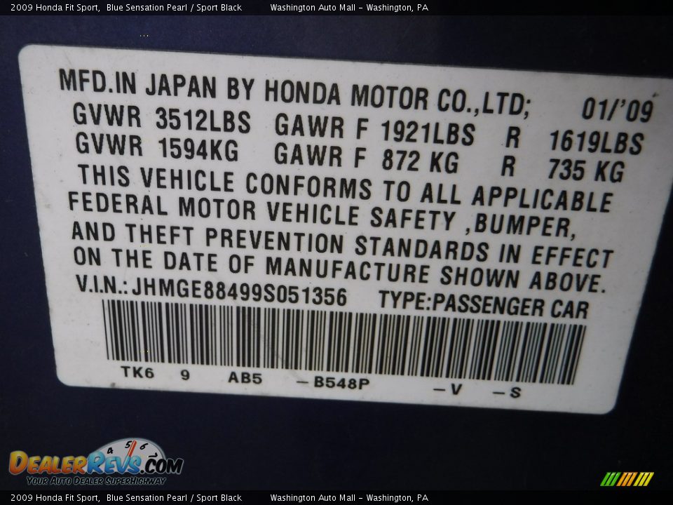 2009 Honda Fit Sport Blue Sensation Pearl / Sport Black Photo #22