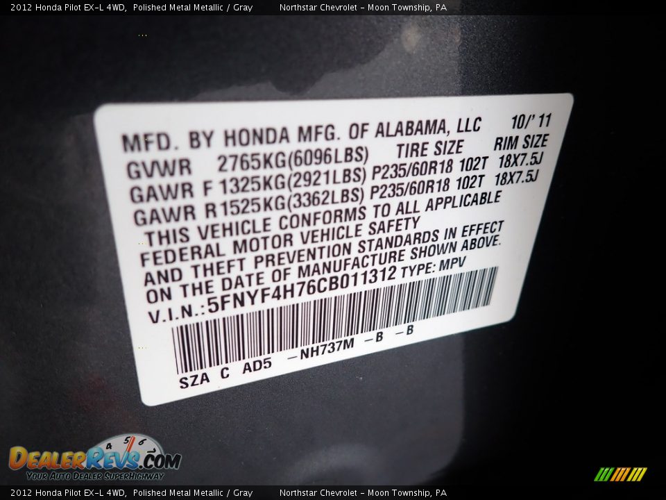 2012 Honda Pilot EX-L 4WD Polished Metal Metallic / Gray Photo #18