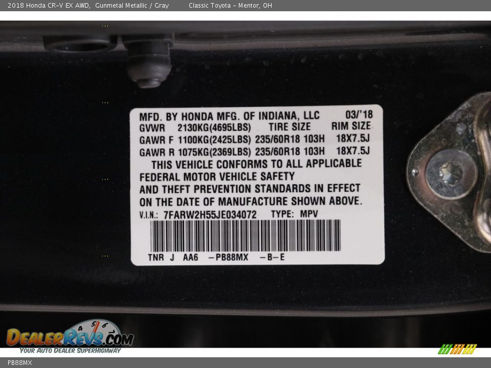 Honda Color Code PB88MX Gunmetal Metallic