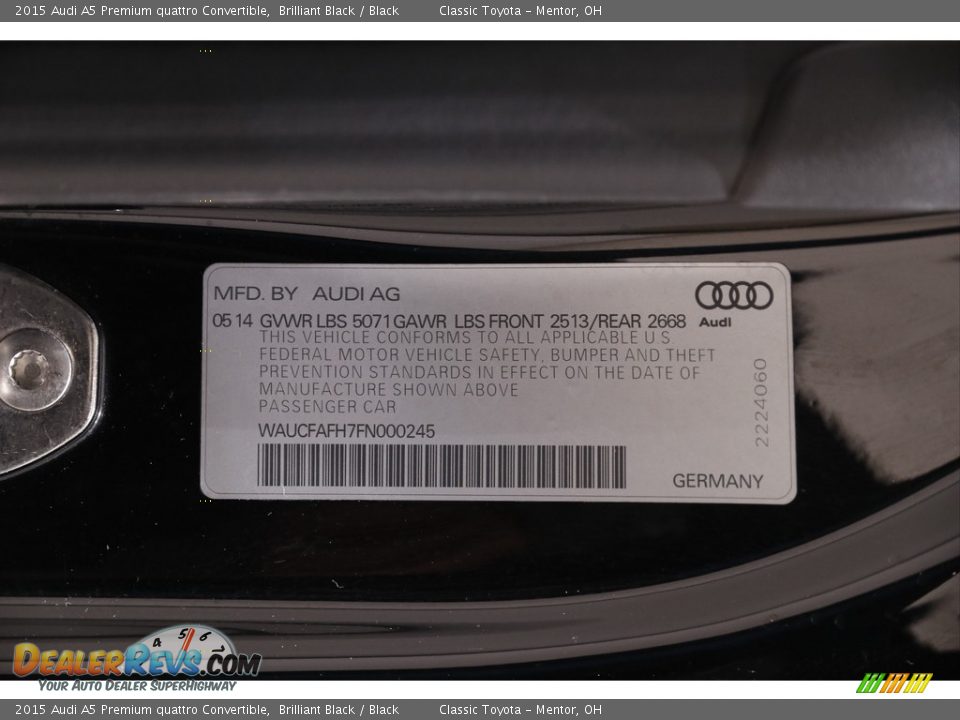 2015 Audi A5 Premium quattro Convertible Brilliant Black / Black Photo #21