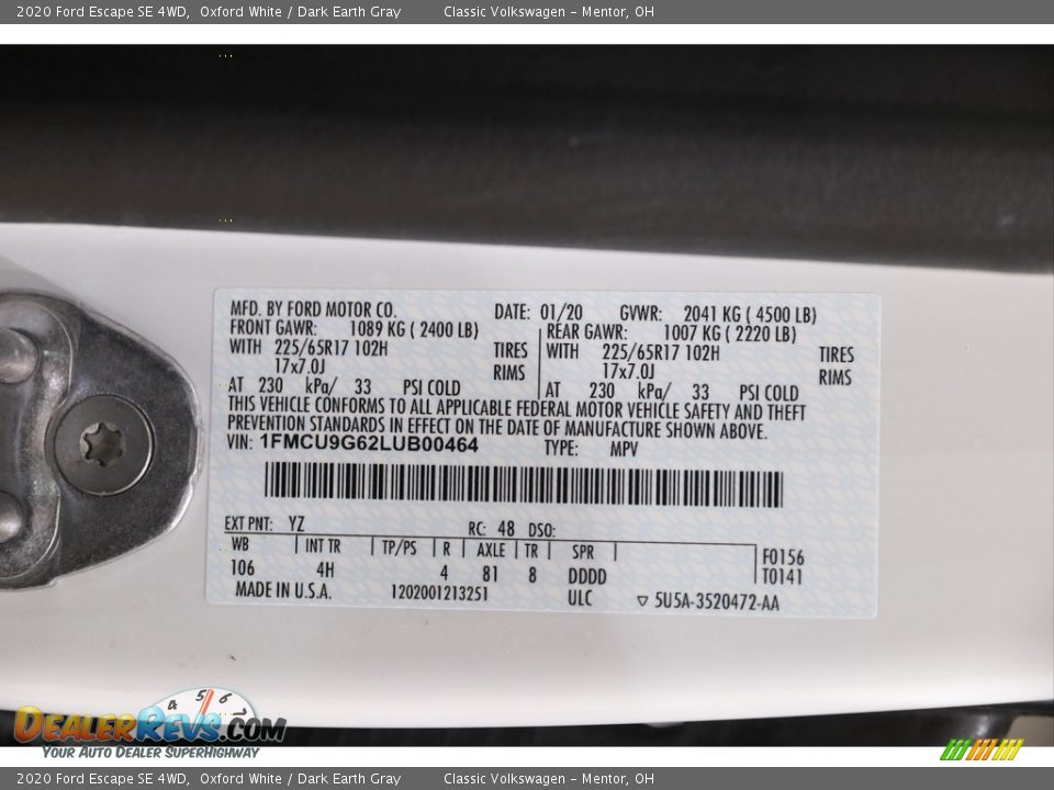 2020 Ford Escape SE 4WD Oxford White / Dark Earth Gray Photo #19