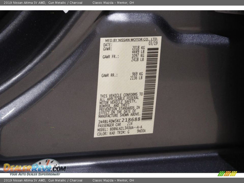 2019 Nissan Altima SV AWD Gun Metallic / Charcoal Photo #19