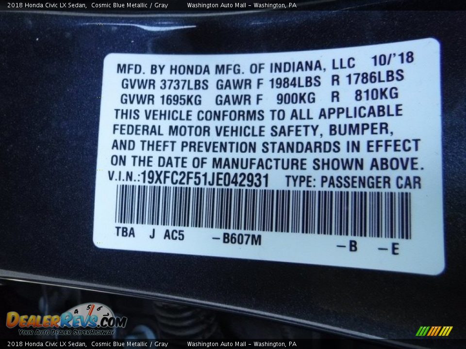 2018 Honda Civic LX Sedan Cosmic Blue Metallic / Gray Photo #27