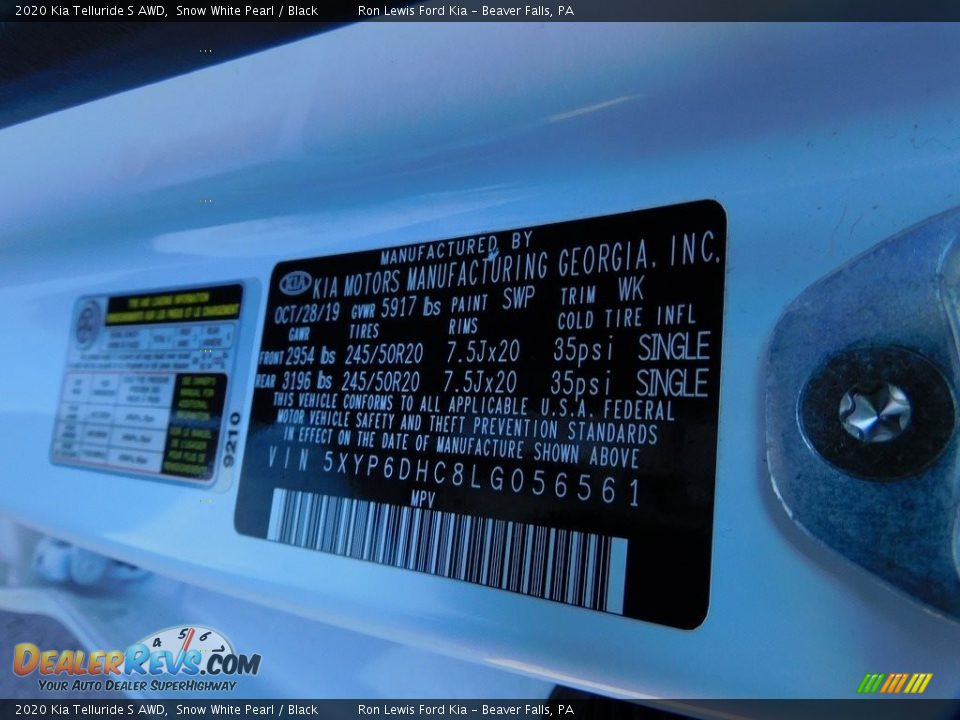 2020 Kia Telluride S AWD Snow White Pearl / Black Photo #24