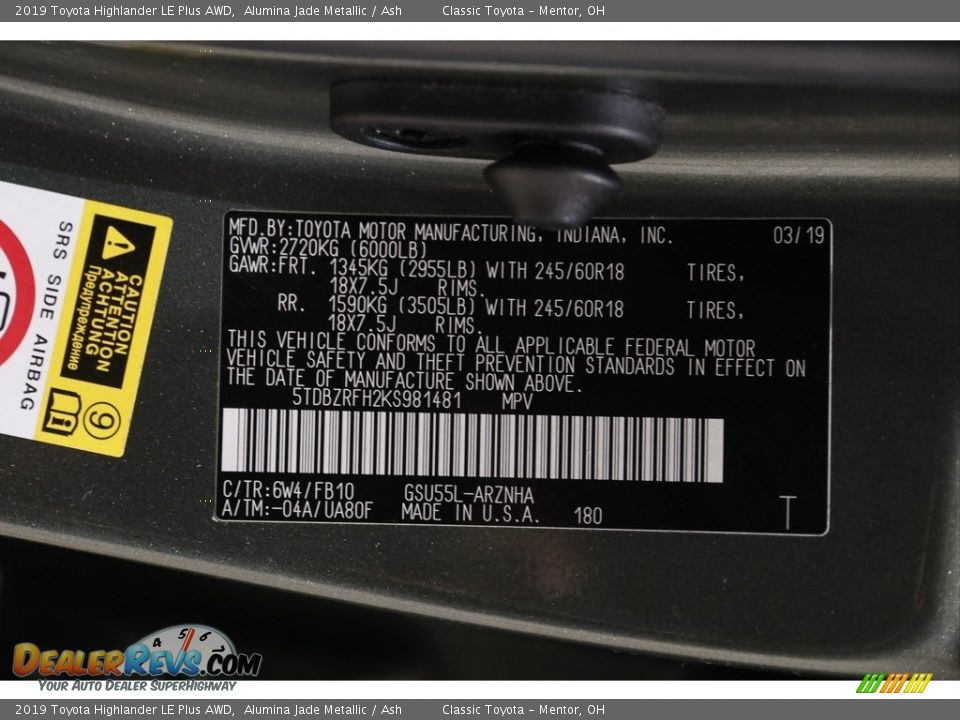 2019 Toyota Highlander LE Plus AWD Alumina Jade Metallic / Ash Photo #21