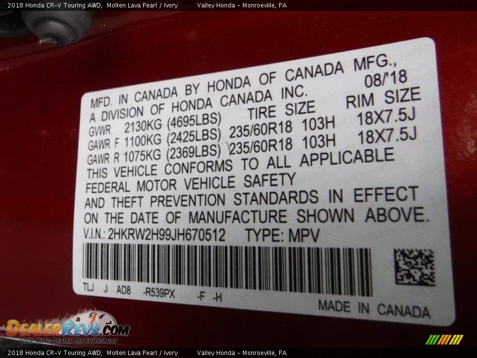 2018 Honda CR-V Touring AWD Molten Lava Pearl / Ivory Photo #27