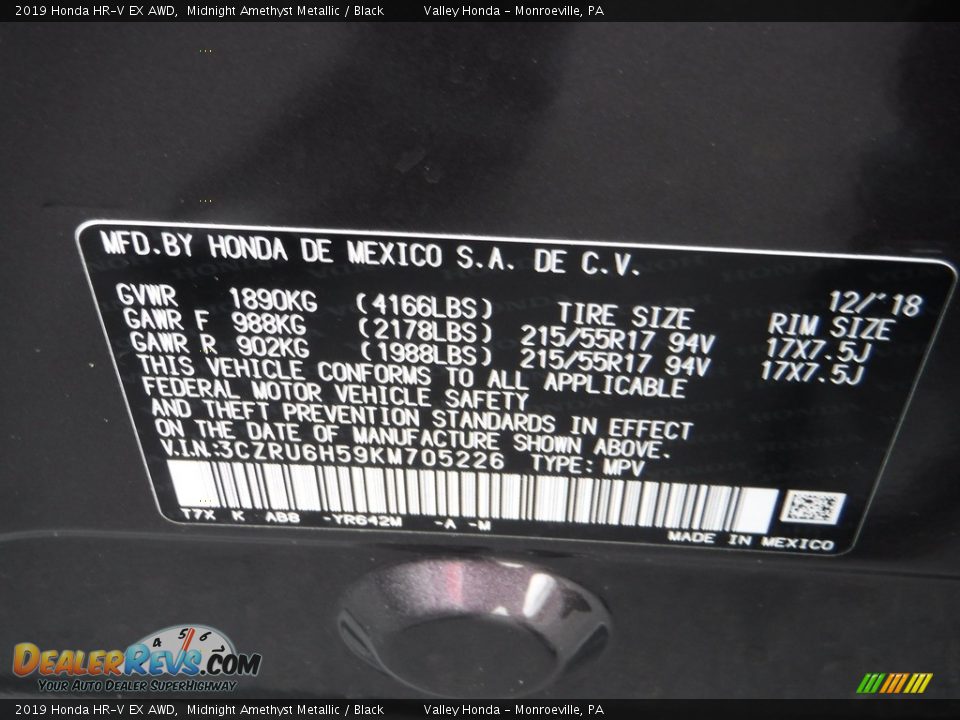 2019 Honda HR-V EX AWD Midnight Amethyst Metallic / Black Photo #26