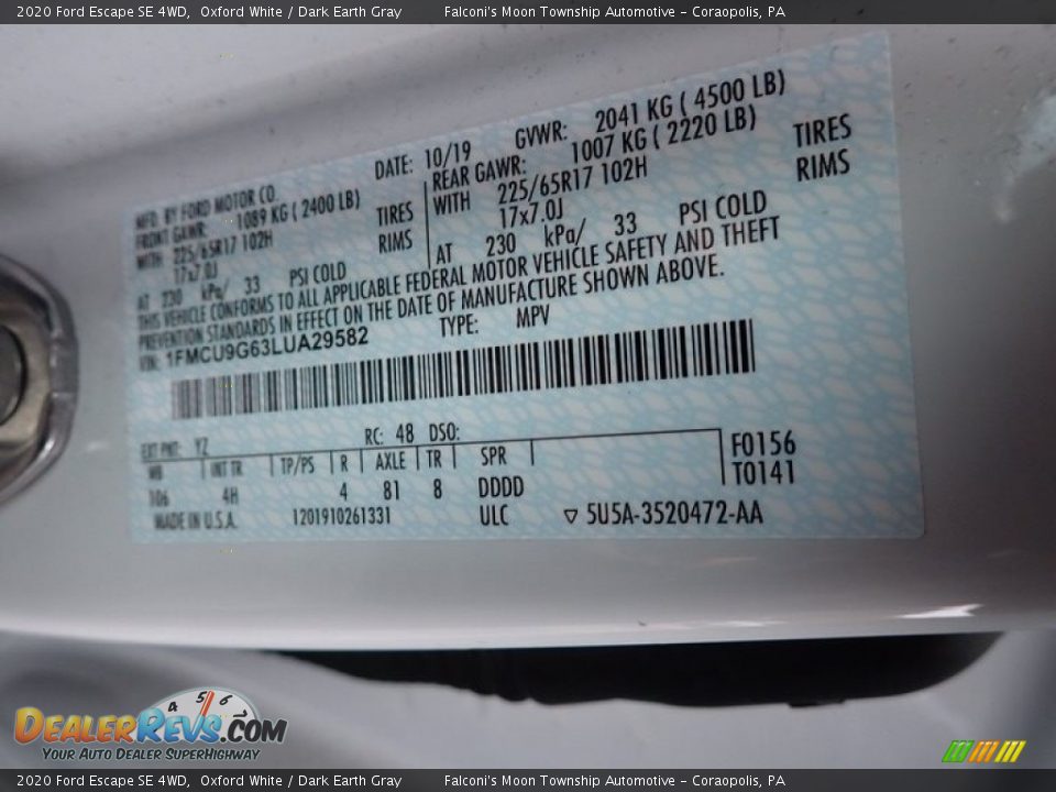 2020 Ford Escape SE 4WD Oxford White / Dark Earth Gray Photo #27