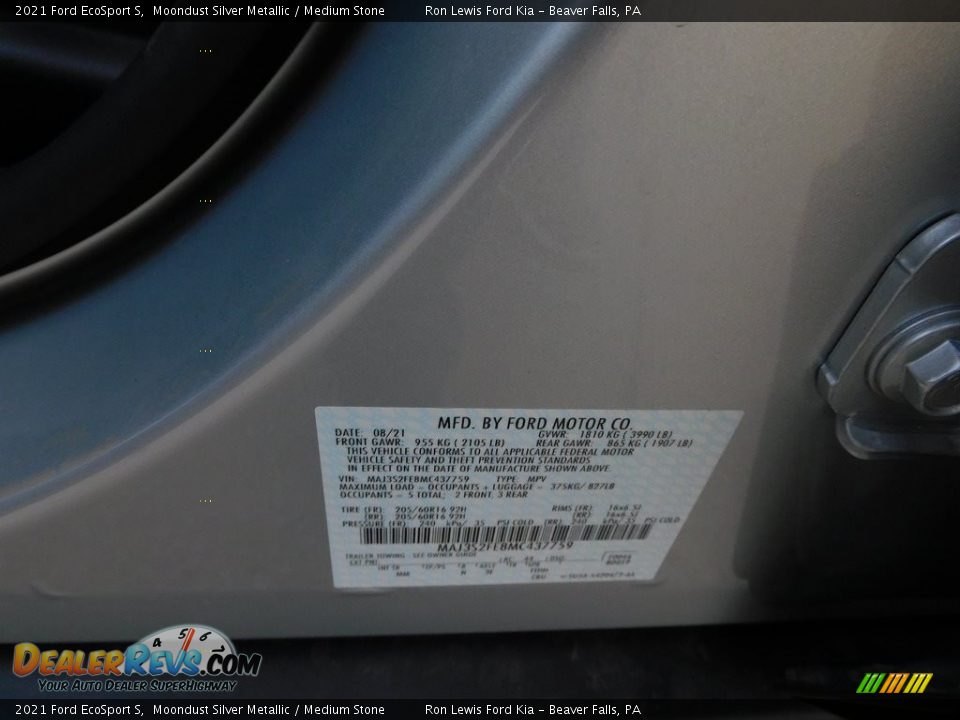 2021 Ford EcoSport S Moondust Silver Metallic / Medium Stone Photo #20