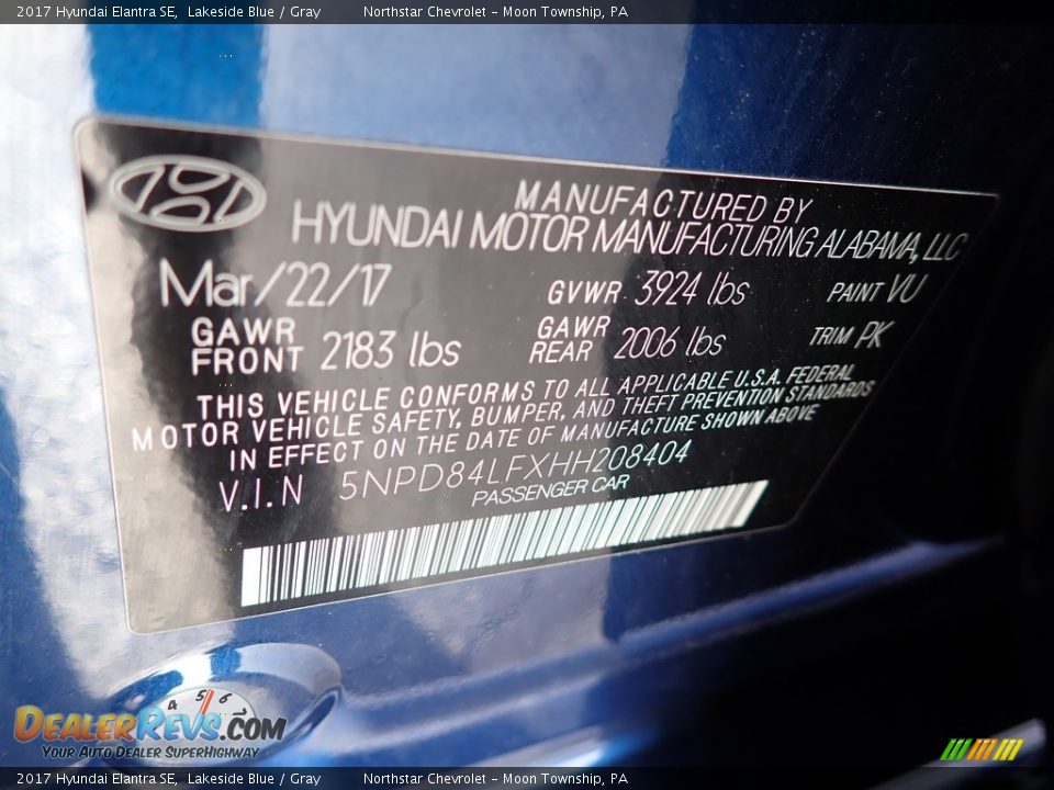 2017 Hyundai Elantra SE Lakeside Blue / Gray Photo #28