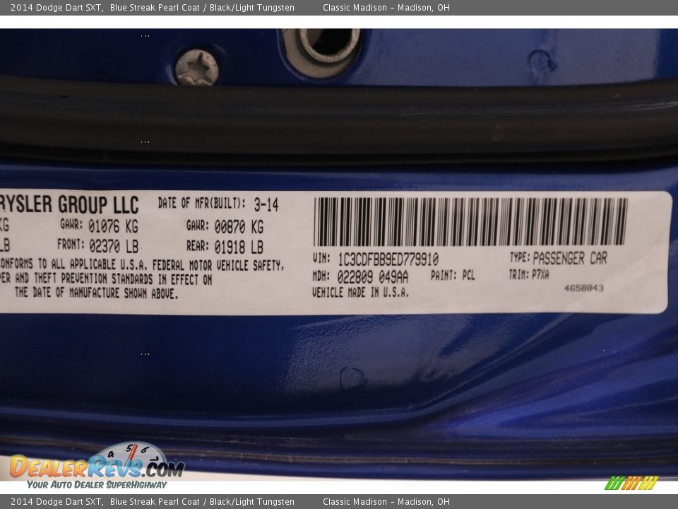 2014 Dodge Dart SXT Blue Streak Pearl Coat / Black/Light Tungsten Photo #20