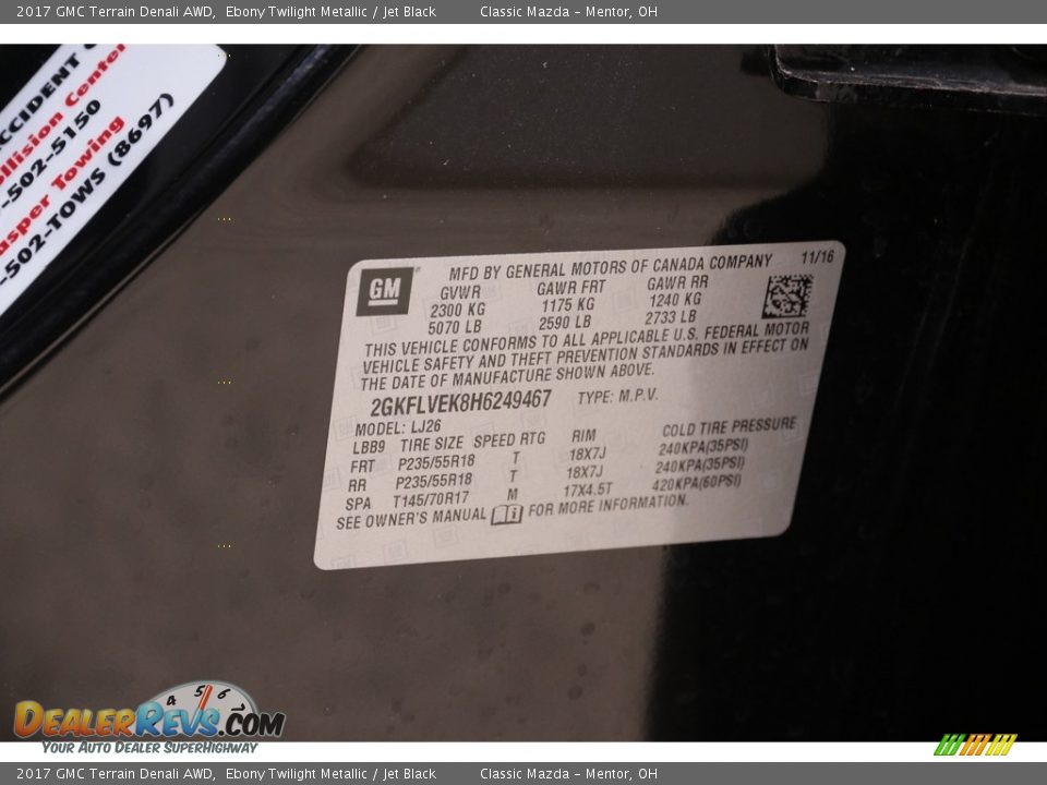 2017 GMC Terrain Denali AWD Ebony Twilight Metallic / Jet Black Photo #19