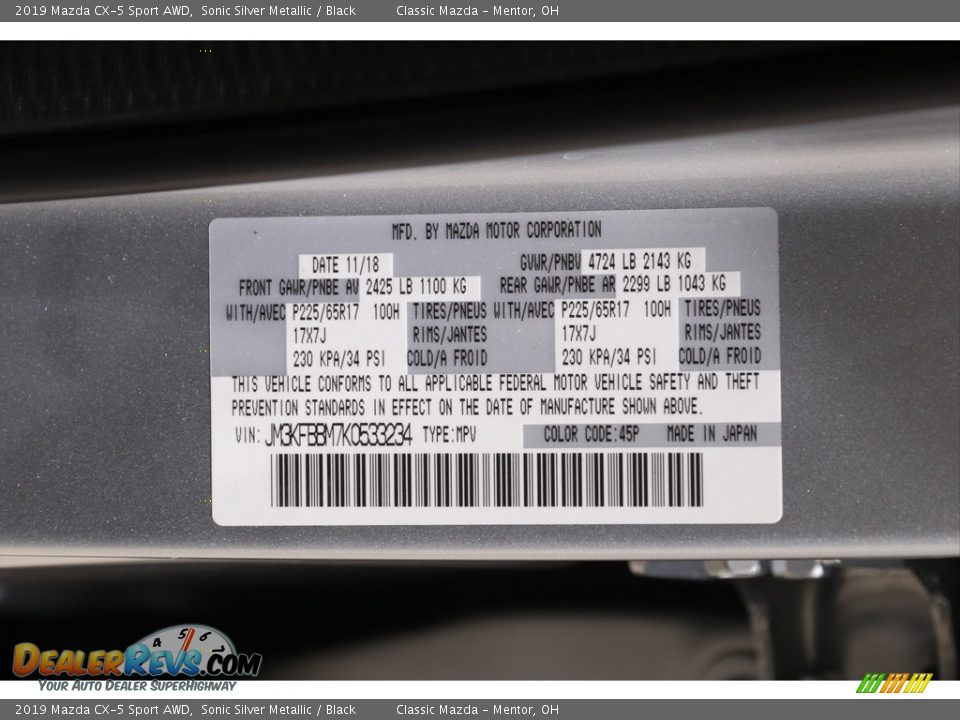 2019 Mazda CX-5 Sport AWD Sonic Silver Metallic / Black Photo #18