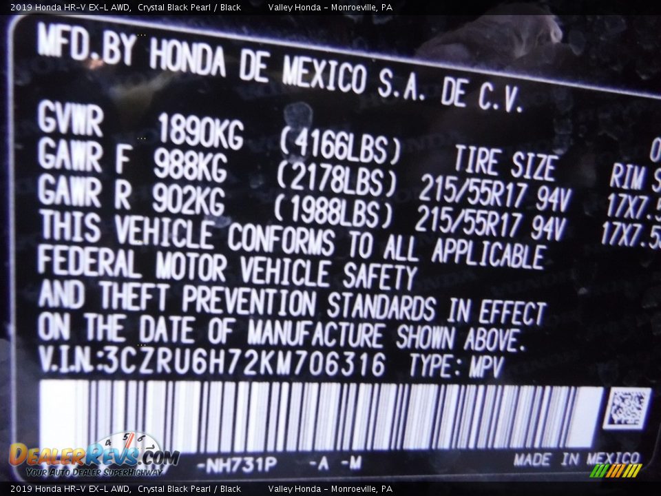 2019 Honda HR-V EX-L AWD Crystal Black Pearl / Black Photo #29