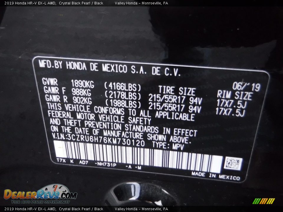 2019 Honda HR-V EX-L AWD Crystal Black Pearl / Black Photo #27