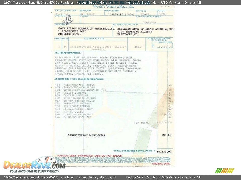 Info Tag of 1974 Mercedes-Benz SL Class 450 SL Roadster Photo #10