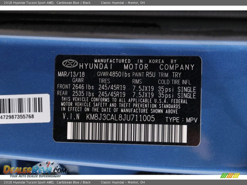 2018 Hyundai Tucson Sport AWD Caribbean Blue / Black Photo #19