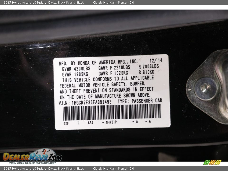 2015 Honda Accord LX Sedan Crystal Black Pearl / Black Photo #21