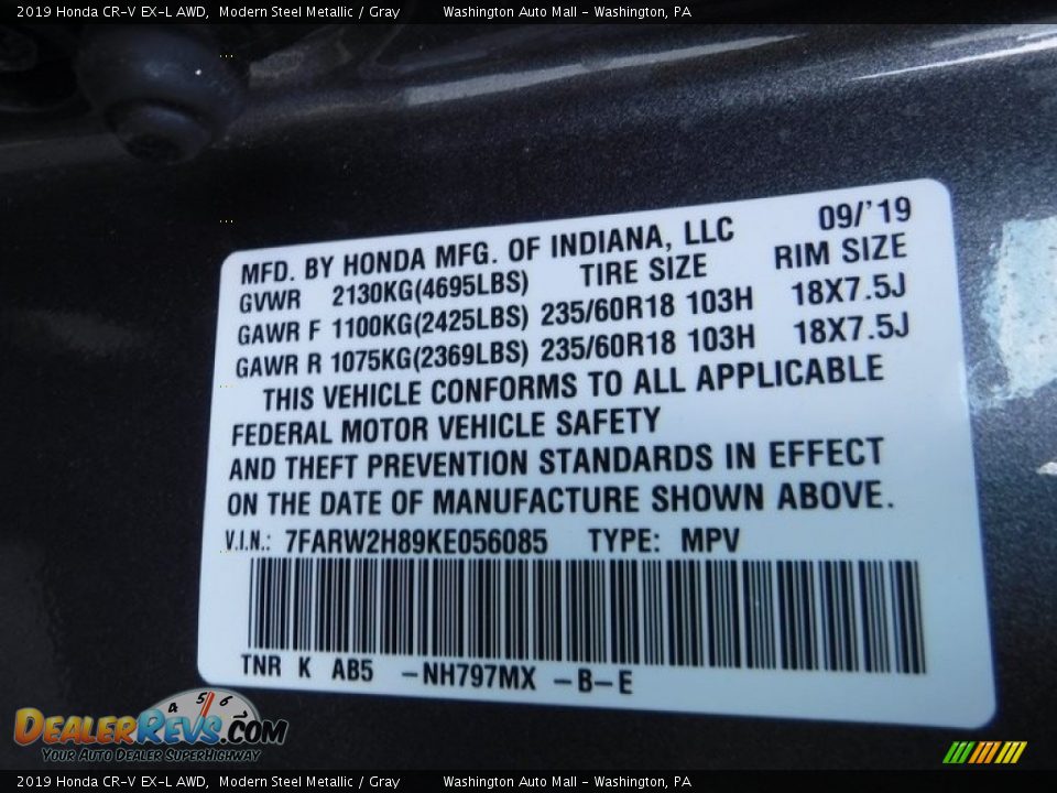 2019 Honda CR-V EX-L AWD Modern Steel Metallic / Gray Photo #28
