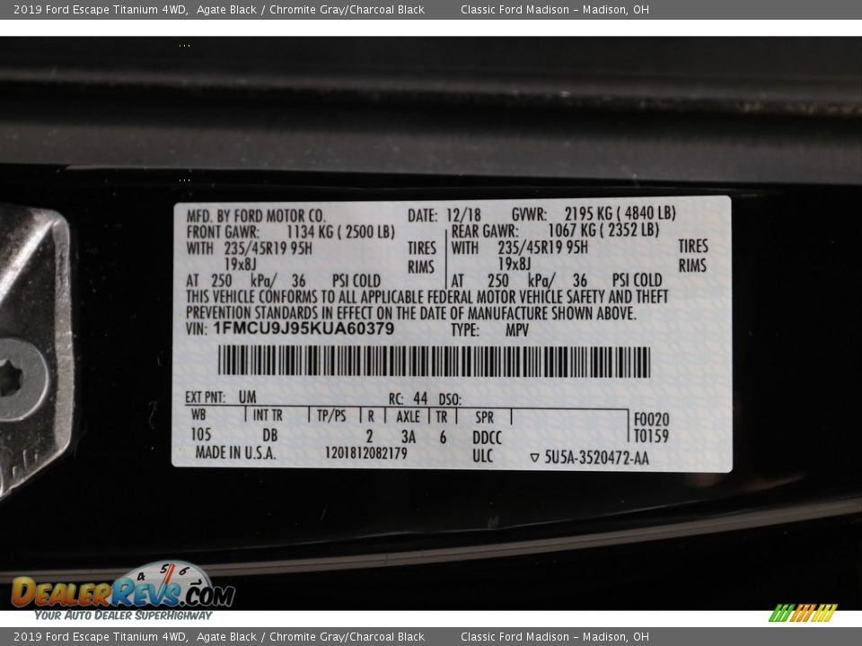 2019 Ford Escape Titanium 4WD Agate Black / Chromite Gray/Charcoal Black Photo #21