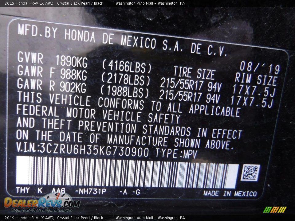 2019 Honda HR-V LX AWD Crystal Black Pearl / Black Photo #26