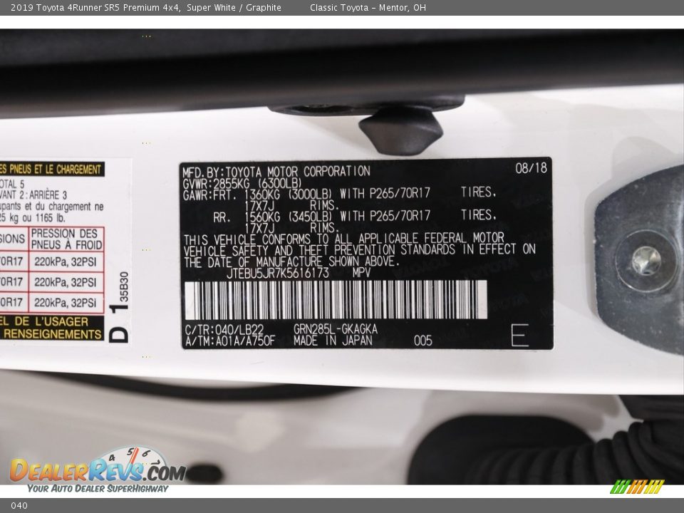 Toyota Color Code 040 Super White