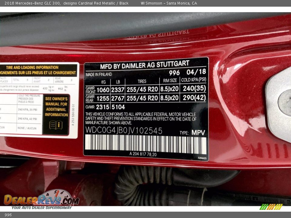 Mercedes-Benz Color Code 996 designo Cardinal Red Metallic