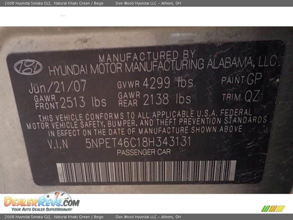 2008 Hyundai Sonata GLS Natural Khaki Green / Beige Photo #14