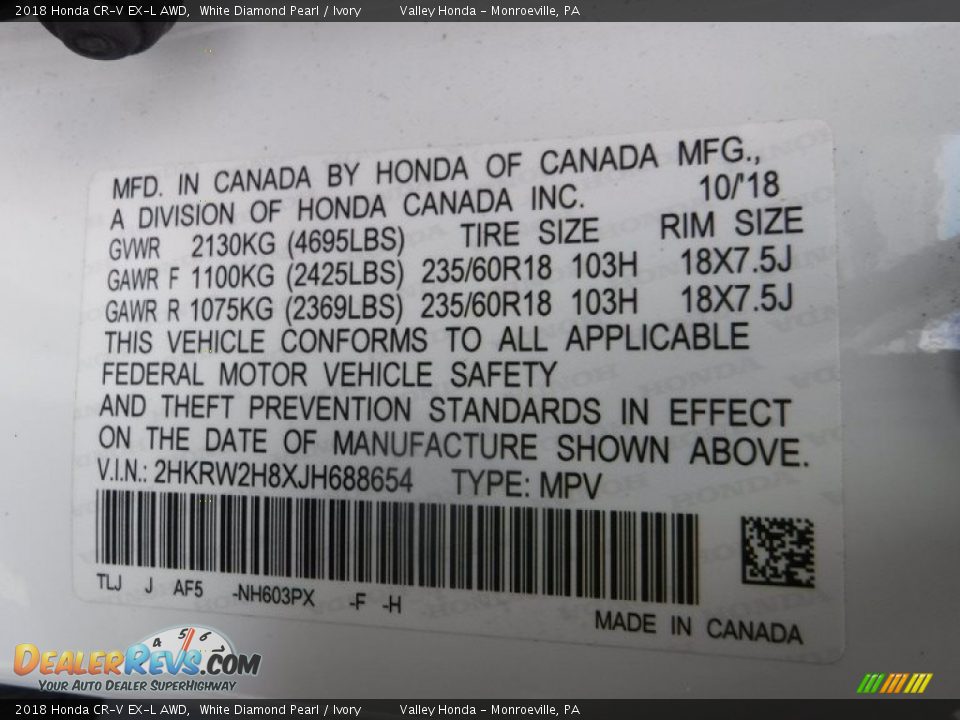2018 Honda CR-V EX-L AWD White Diamond Pearl / Ivory Photo #29