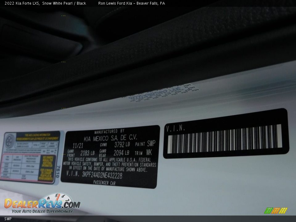Kia Color Code SWP Snow White Pearl
