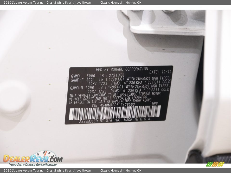 2020 Subaru Ascent Touring Crystal White Pearl / Java Brown Photo #27