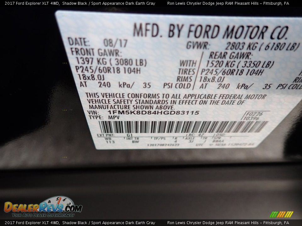 2017 Ford Explorer XLT 4WD Shadow Black / Sport Appearance Dark Earth Gray Photo #15
