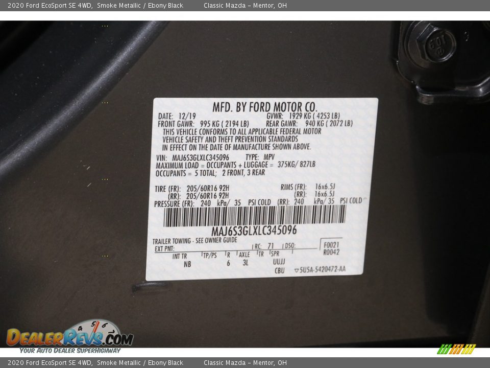 2020 Ford EcoSport SE 4WD Smoke Metallic / Ebony Black Photo #20