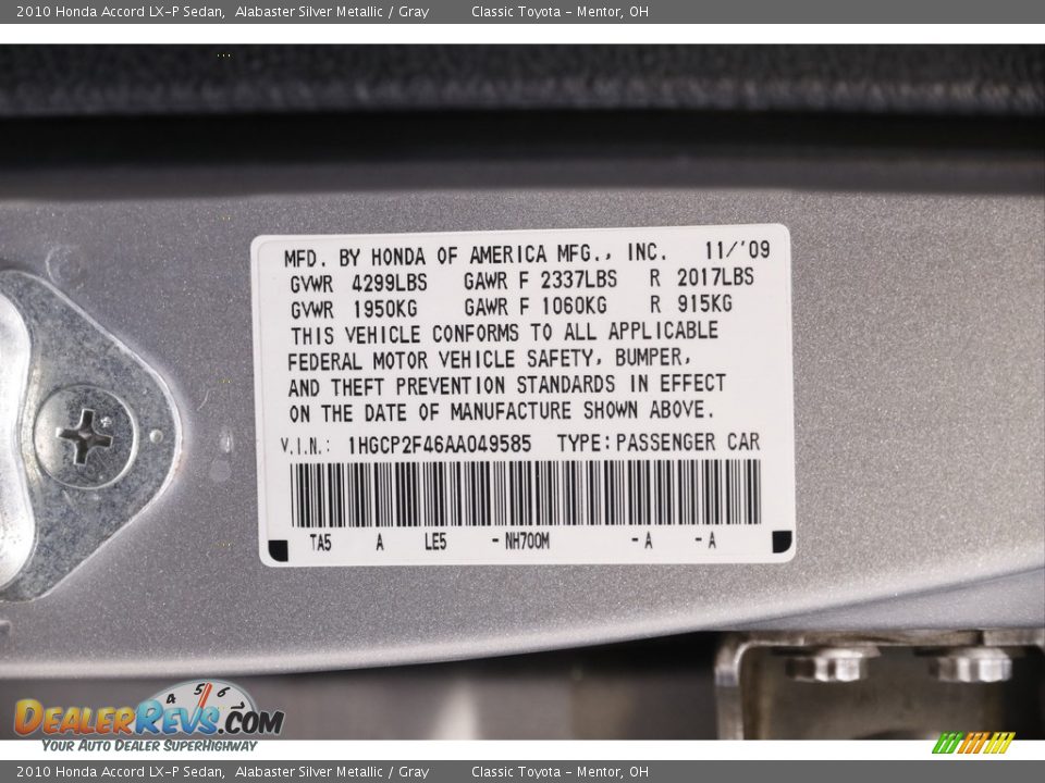 2010 Honda Accord LX-P Sedan Alabaster Silver Metallic / Gray Photo #19