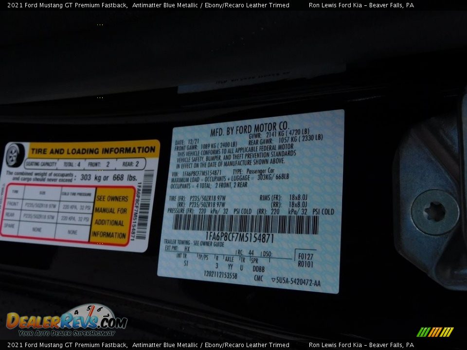 2021 Ford Mustang GT Premium Fastback Antimatter Blue Metallic / Ebony/Recaro Leather Trimed Photo #20